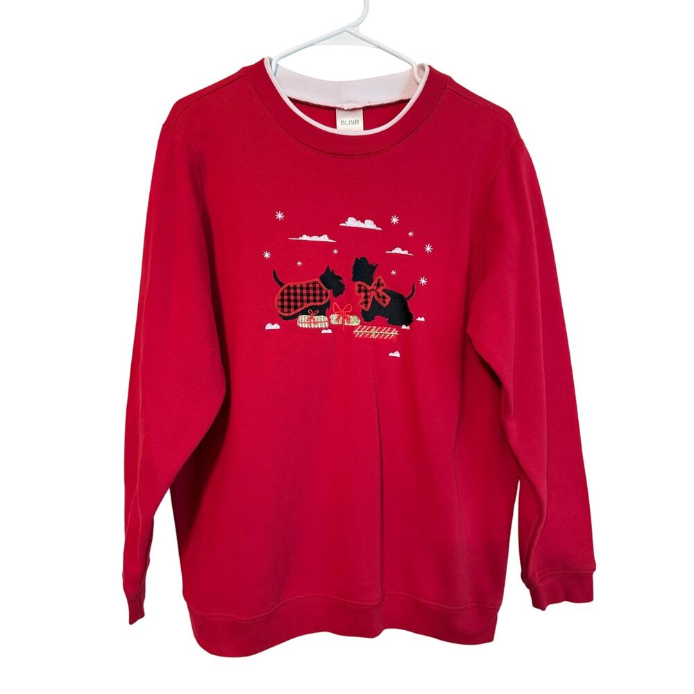 VTG Scottie Dog Holiday Sweatshirt Embroidered Double Collar Y2K Red Large VGUC